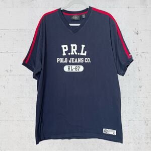 VTG 90s Ralph Lauren Mens XL Striped Spell Out V-Neck T-Shirt Blue Sporty Preppy
